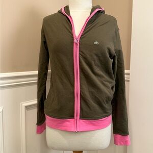 Vintage Lacoste Olive Green & Pink Zip Hoodie Crocodile Logo Back Script Size 42